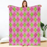 Pink And Green Argyle Pattern Print Blanket