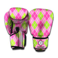 Pink And Green Argyle Pattern Print Boxing Gloves