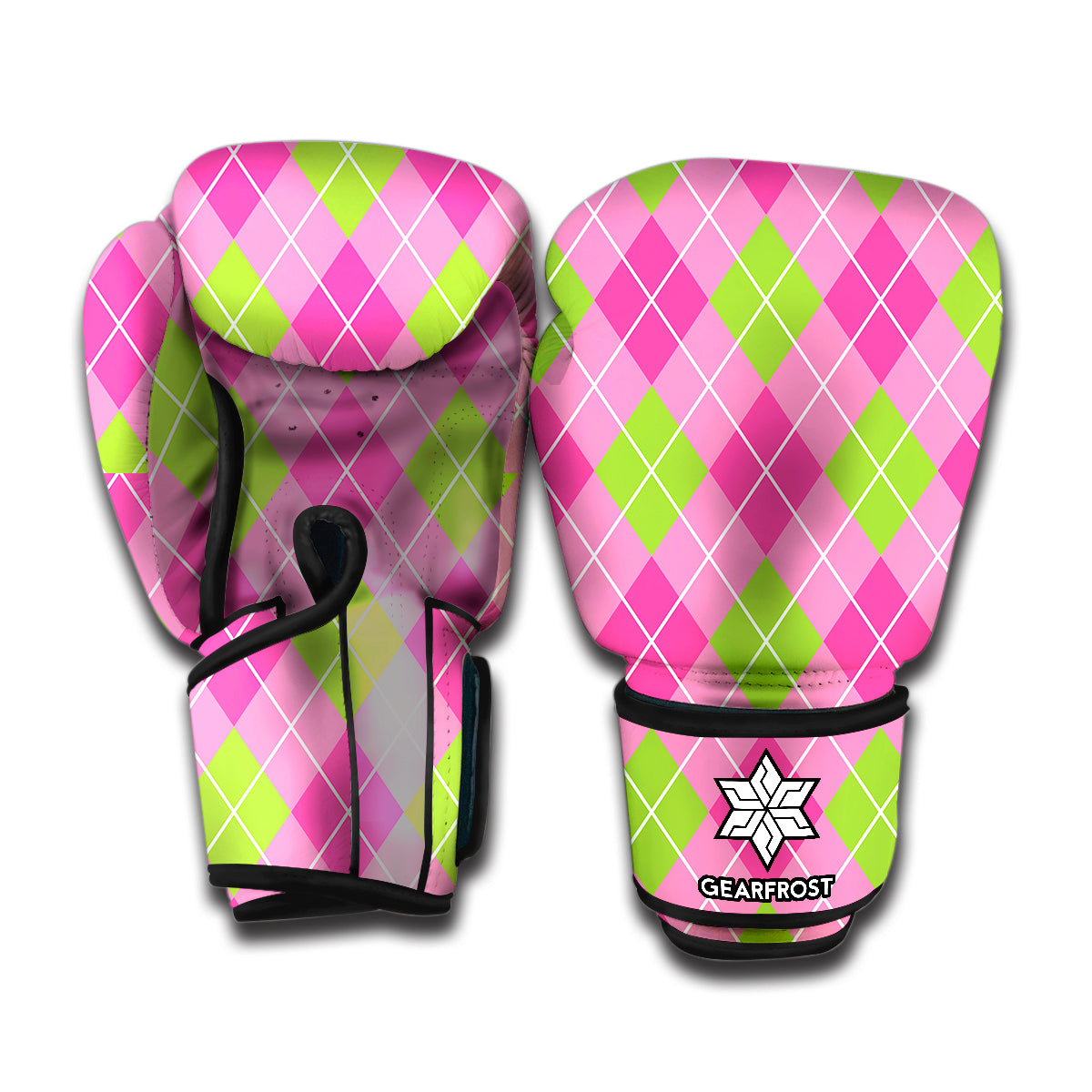 Pink And Green Argyle Pattern Print Boxing Gloves
