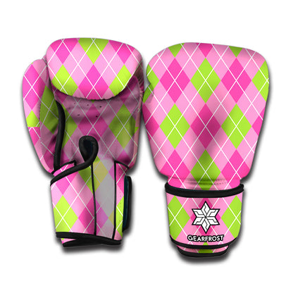 Pink And Green Argyle Pattern Print Boxing Gloves
