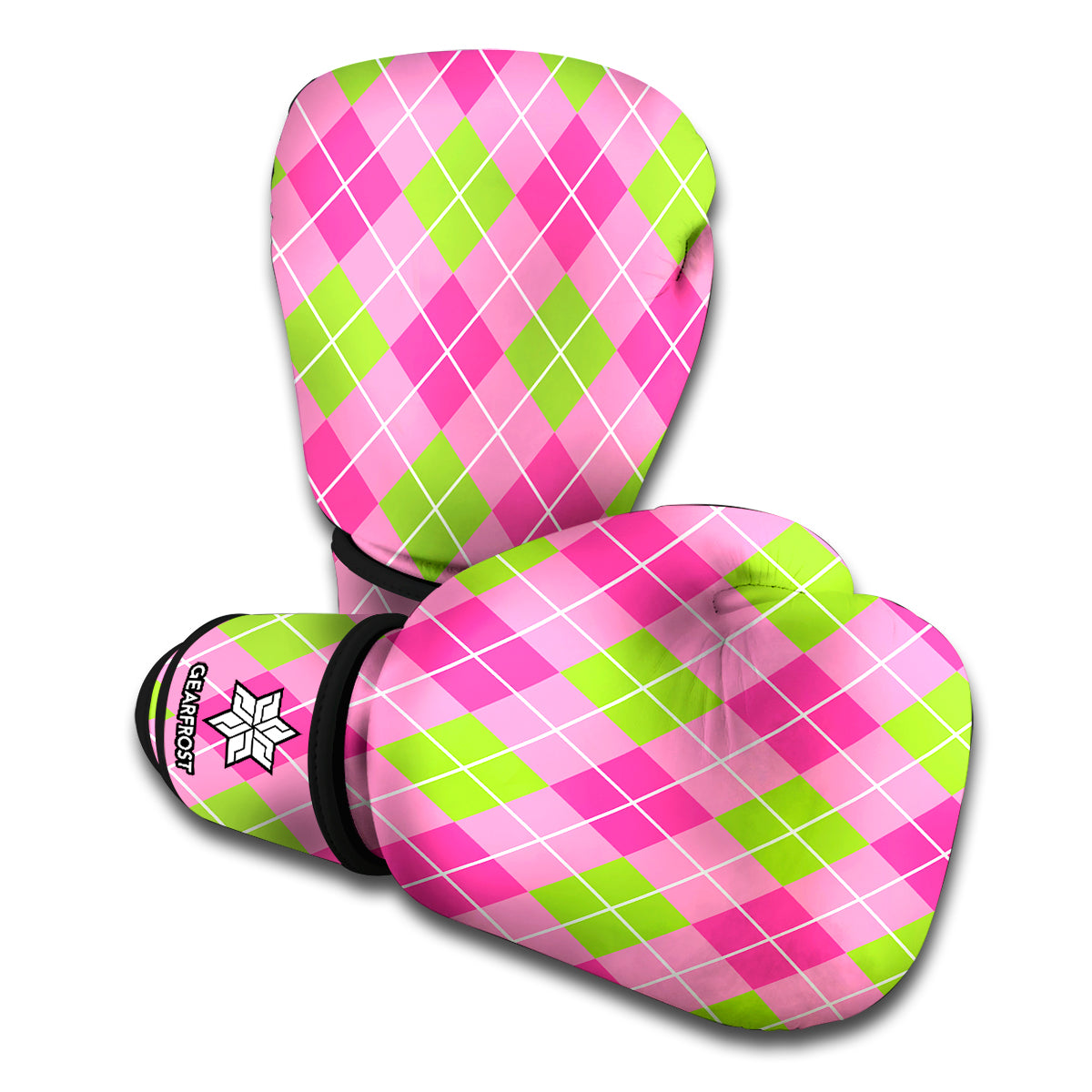 Pink And Green Argyle Pattern Print Boxing Gloves
