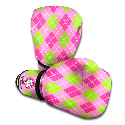 Pink And Green Argyle Pattern Print Boxing Gloves