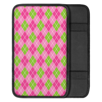Pink And Green Argyle Pattern Print Car Center Console Cover