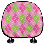 Pink And Green Argyle Pattern Print Car Headrest Covers