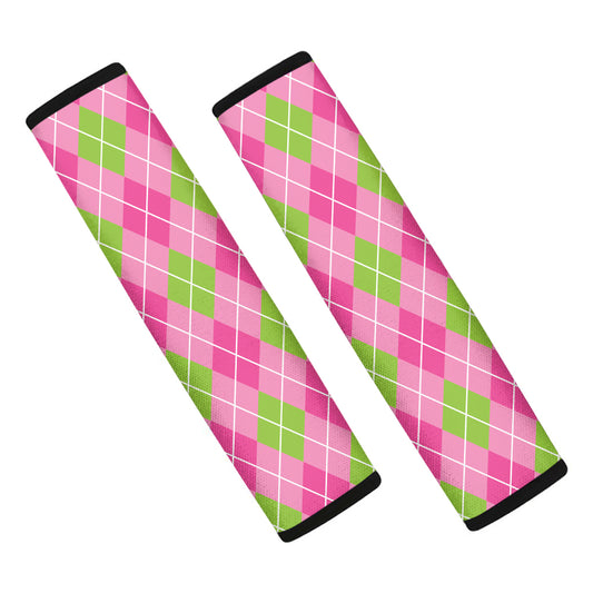 Pink And Green Argyle Pattern Print Car Seat Belt Covers