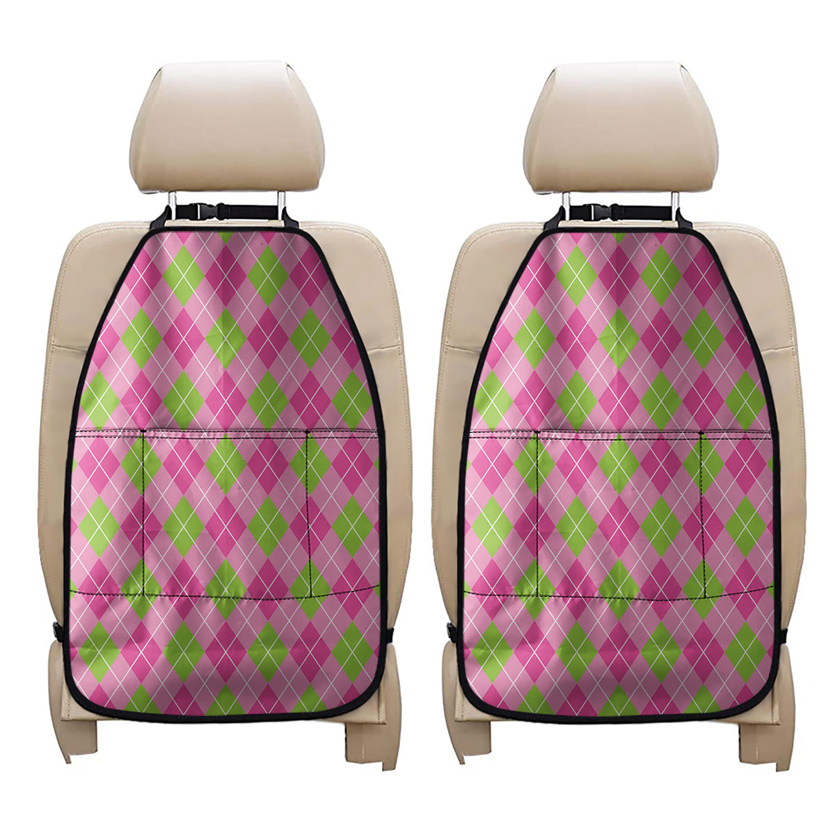 Pink And Green Argyle Pattern Print Car Seat Organizers