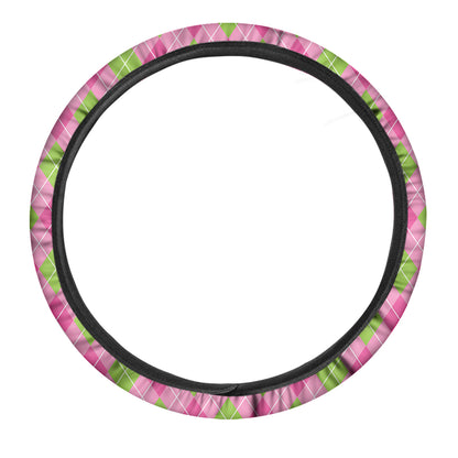 Pink And Green Argyle Pattern Print Car Steering Wheel Cover