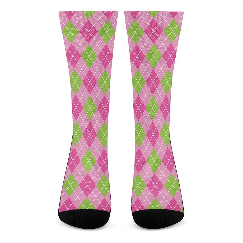 Pink And Green Argyle Pattern Print Crew Socks