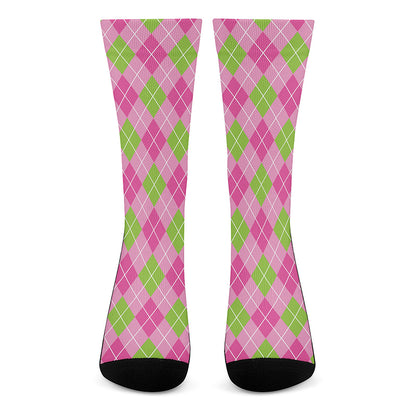 Pink And Green Argyle Pattern Print Crew Socks