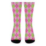 Pink And Green Argyle Pattern Print Crew Socks