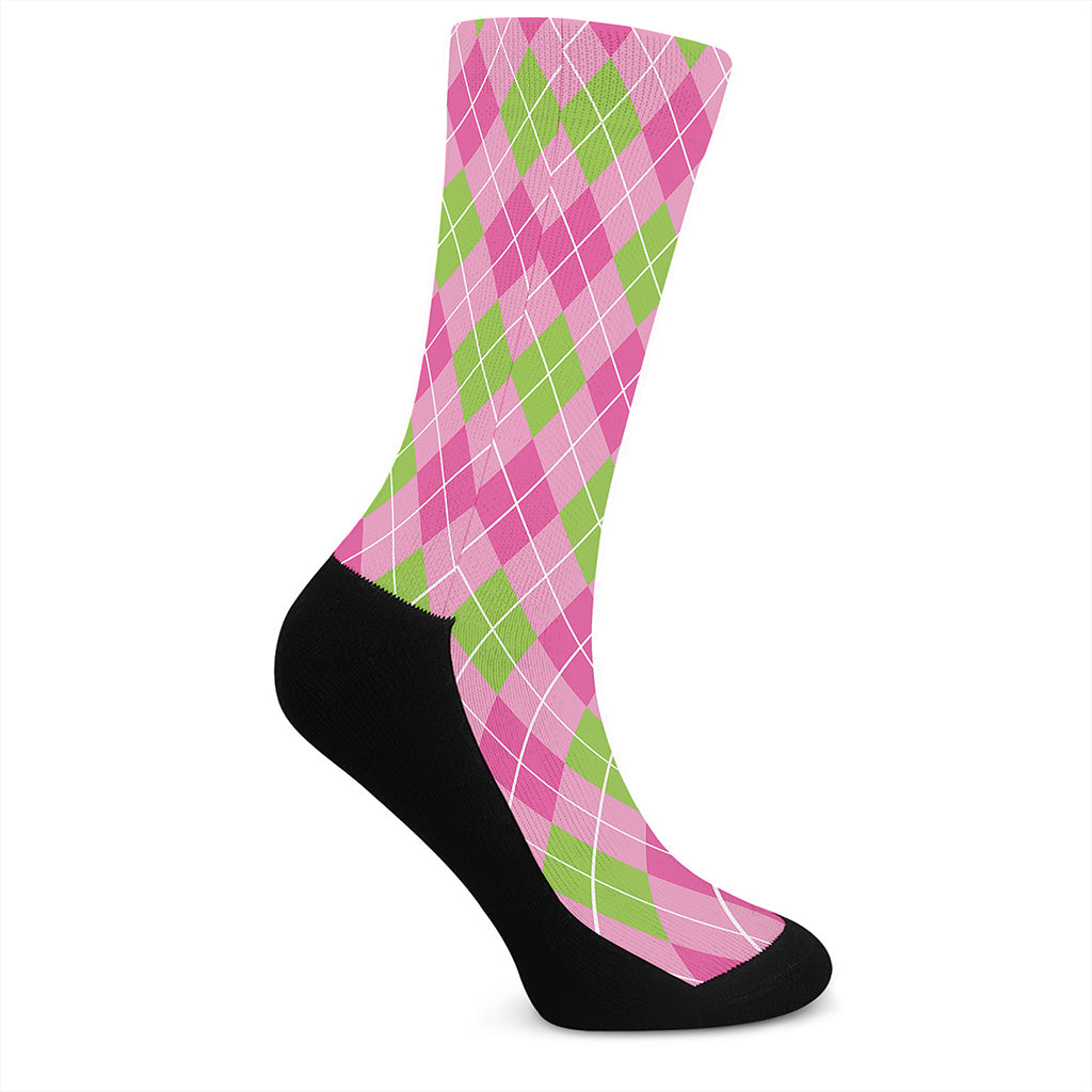 Pink And Green Argyle Pattern Print Crew Socks