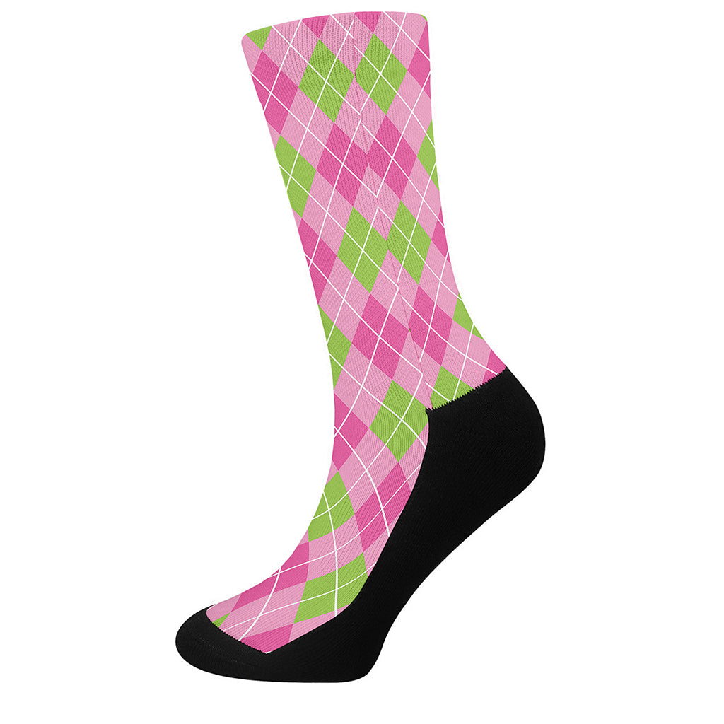 Pink And Green Argyle Pattern Print Crew Socks