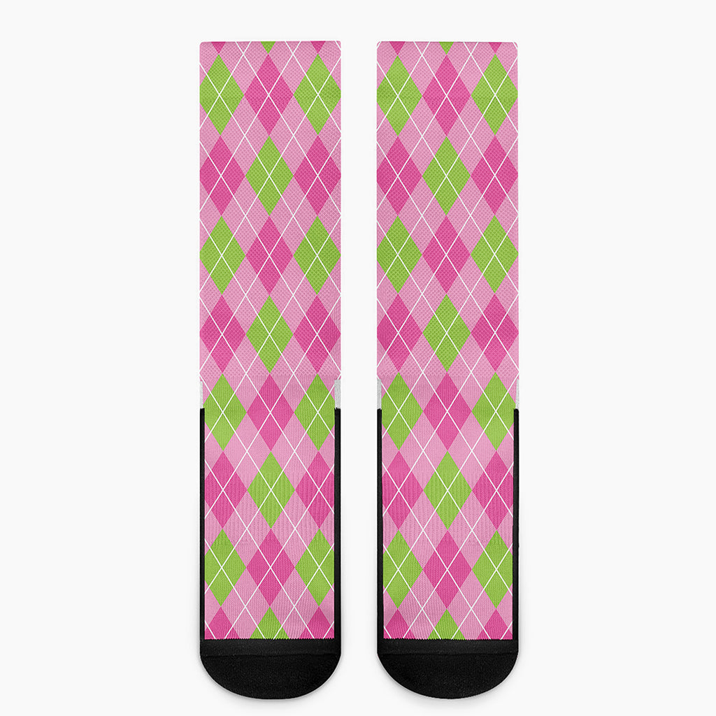 Pink And Green Argyle Pattern Print Crew Socks