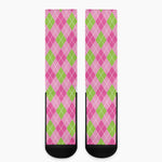 Pink And Green Argyle Pattern Print Crew Socks