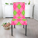 Pink And Green Argyle Pattern Print Dining Chair Slipcover