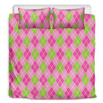 Pink And Green Argyle Pattern Print Duvet Cover Bedding Set