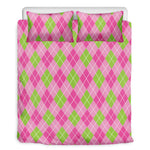 Pink And Green Argyle Pattern Print Duvet Cover Bedding Set