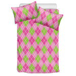 Pink And Green Argyle Pattern Print Duvet Cover Bedding Set