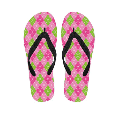 Pink And Green Argyle Pattern Print Flip Flops