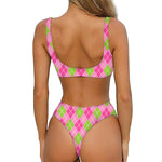 Pink And Green Argyle Pattern Print Front Bow Tie Bikini