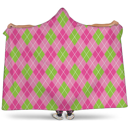 Pink And Green Argyle Pattern Print Hooded Blanket