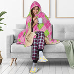 Pink And Green Argyle Pattern Print Hooded Blanket