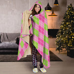 Pink And Green Argyle Pattern Print Hooded Blanket