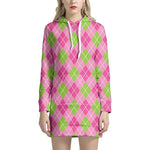 Pink And Green Argyle Pattern Print Hoodie Dress