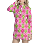 Pink And Green Argyle Pattern Print Hoodie Dress