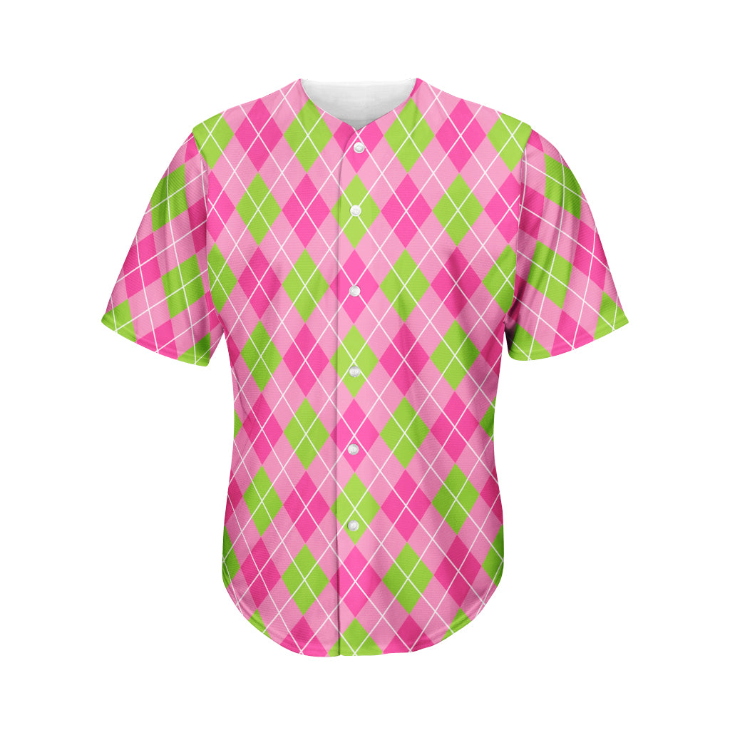 Pink And Green Argyle Pattern Print Men's Baseball Jersey