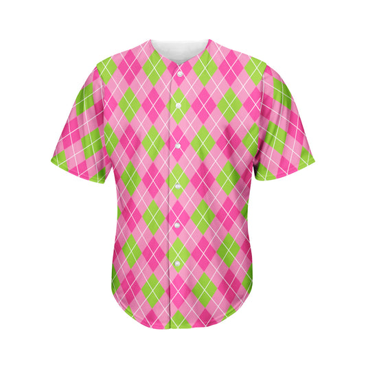 Pink And Green Argyle Pattern Print Men's Baseball Jersey