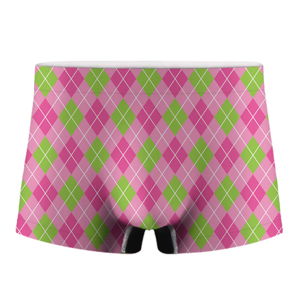 Pink And Green Argyle Pattern Print Men's Boxer Briefs
