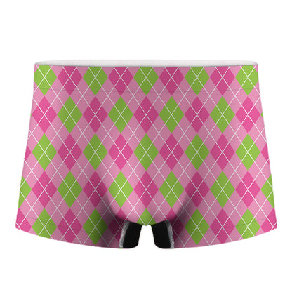 Pink And Green Argyle Pattern Print Men's Boxer Briefs