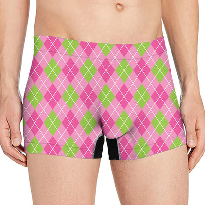 Pink And Green Argyle Pattern Print Men's Boxer Briefs