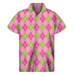 Pink And Green Argyle Pattern Print Men's Short Sleeve Shirt