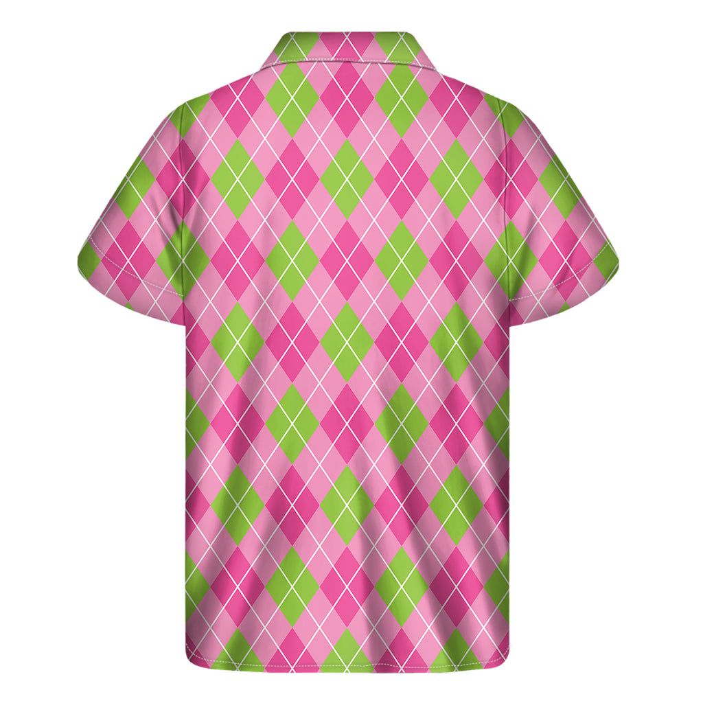 Pink And Green Argyle Pattern Print Men's Short Sleeve Shirt