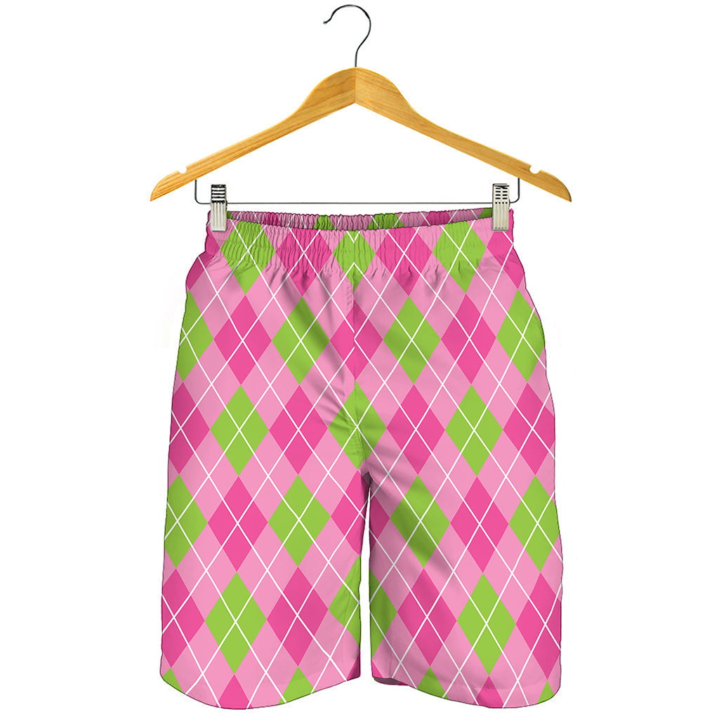 Pink And Green Argyle Pattern Print Men's Shorts