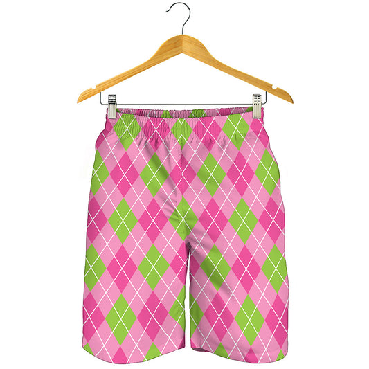 Pink And Green Argyle Pattern Print Men's Shorts
