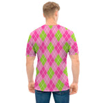 Pink And Green Argyle Pattern Print Men's T-Shirt
