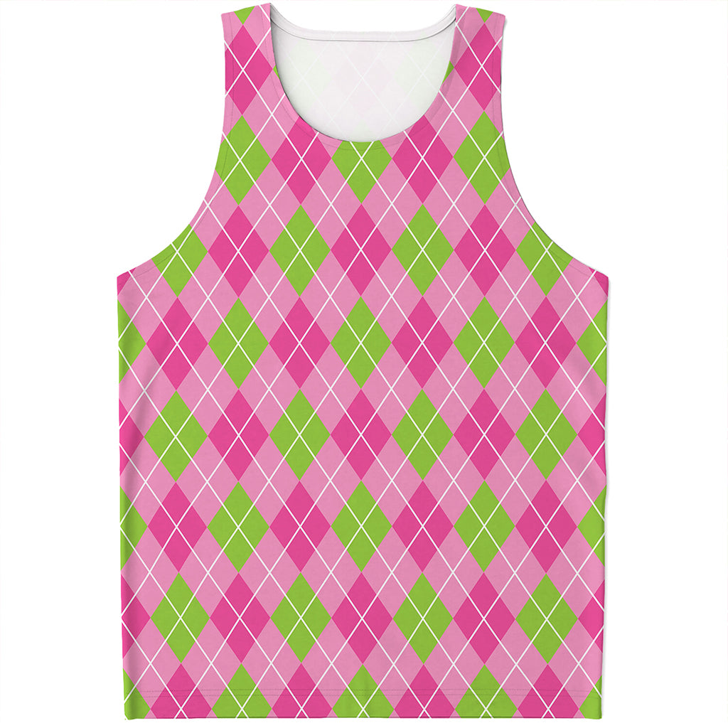 Pink And Green Argyle Pattern Print Men's Tank Top
