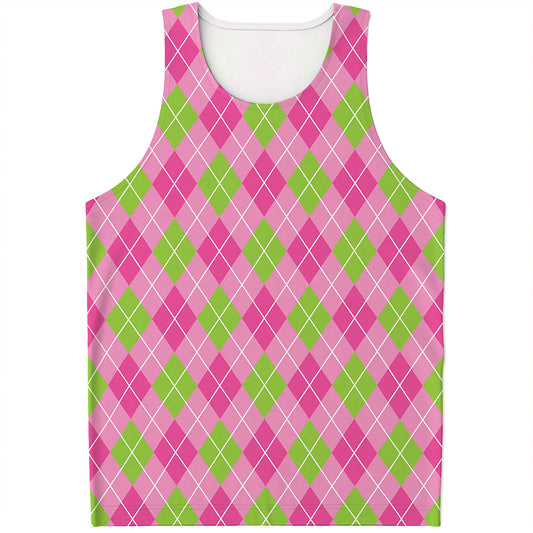 Pink And Green Argyle Pattern Print Men's Tank Top