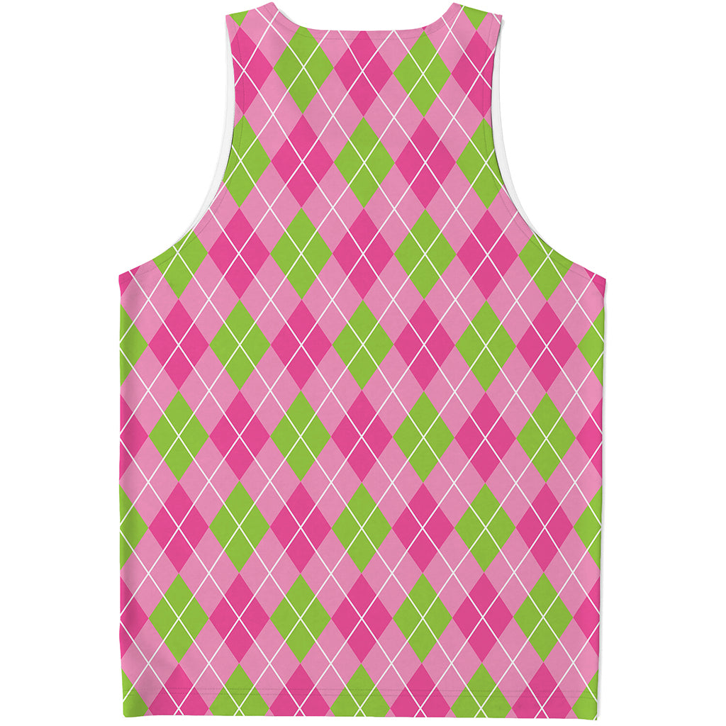 Pink And Green Argyle Pattern Print Men's Tank Top