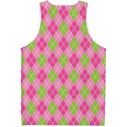 Pink And Green Argyle Pattern Print Men's Tank Top
