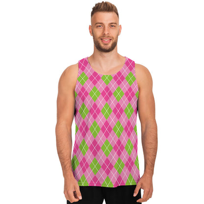 Pink And Green Argyle Pattern Print Men's Tank Top