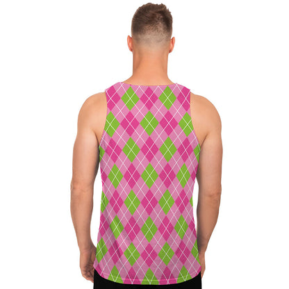 Pink And Green Argyle Pattern Print Men's Tank Top