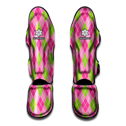 Pink And Green Argyle Pattern Print Muay Thai Shin Guard