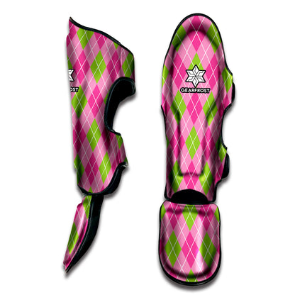 Pink And Green Argyle Pattern Print Muay Thai Shin Guard