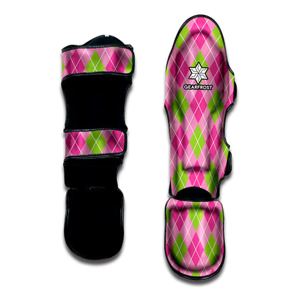 Pink And Green Argyle Pattern Print Muay Thai Shin Guard