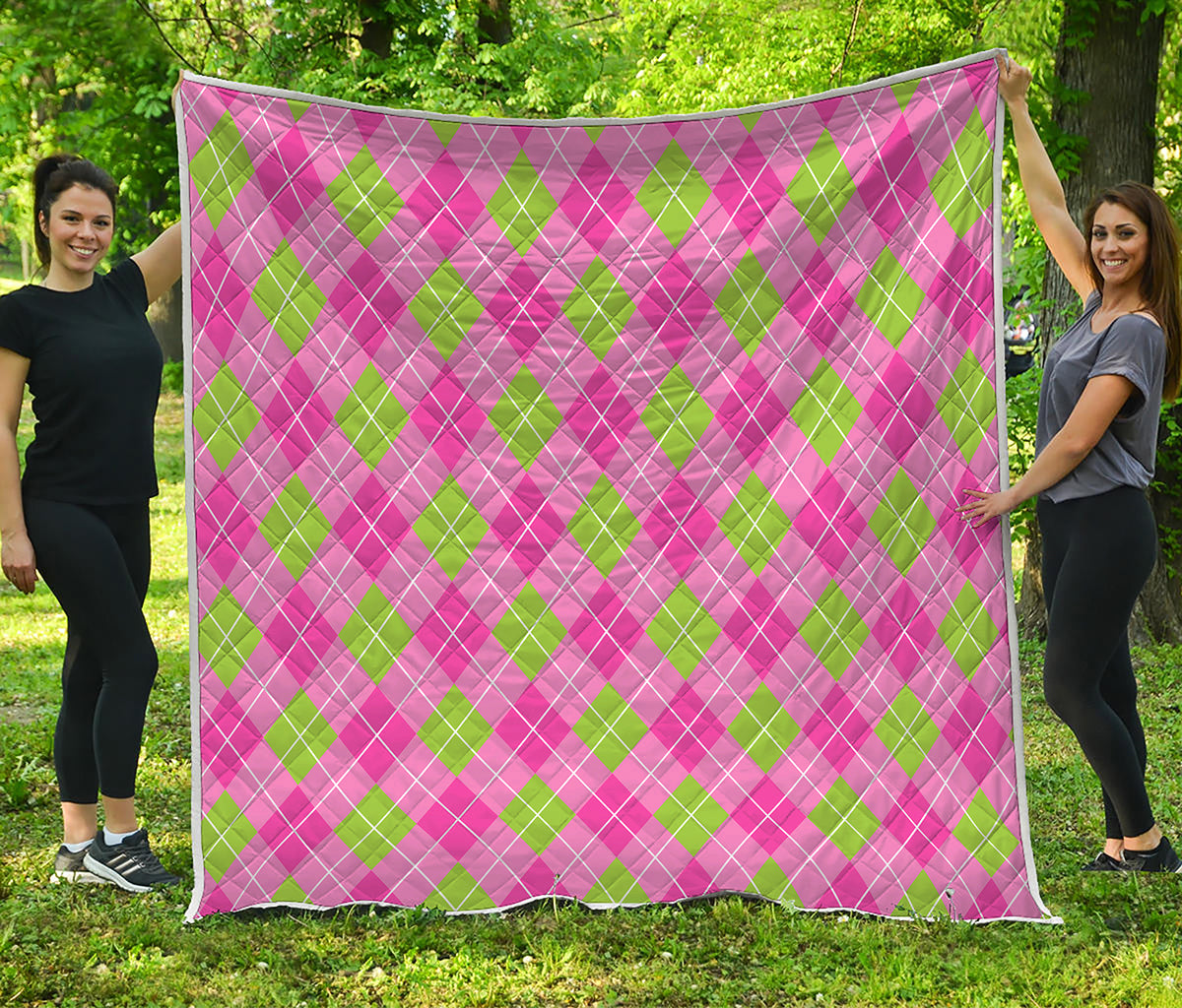 Pink And Green Argyle Pattern Print Quilt