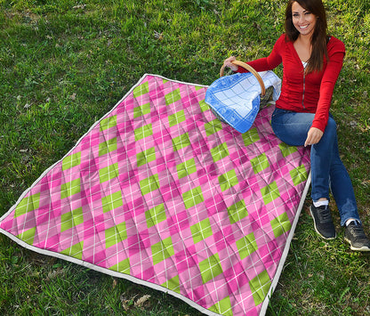 Pink And Green Argyle Pattern Print Quilt